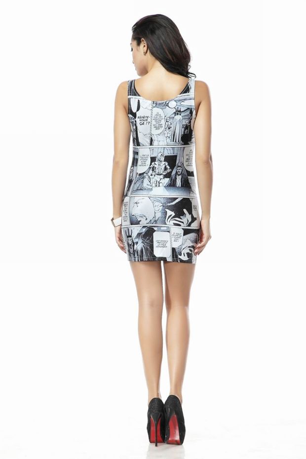 White and black comic print pencil dress